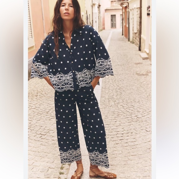 ZARA BLUE & WHITE EMBROIDERED SHIRT & PANTS SET